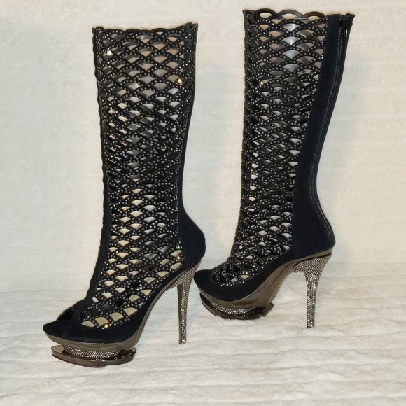 Fantasia Cutout Genuine Suede Rhinestone Boot 6" Heel Knee Boots - Picture 9 of 12